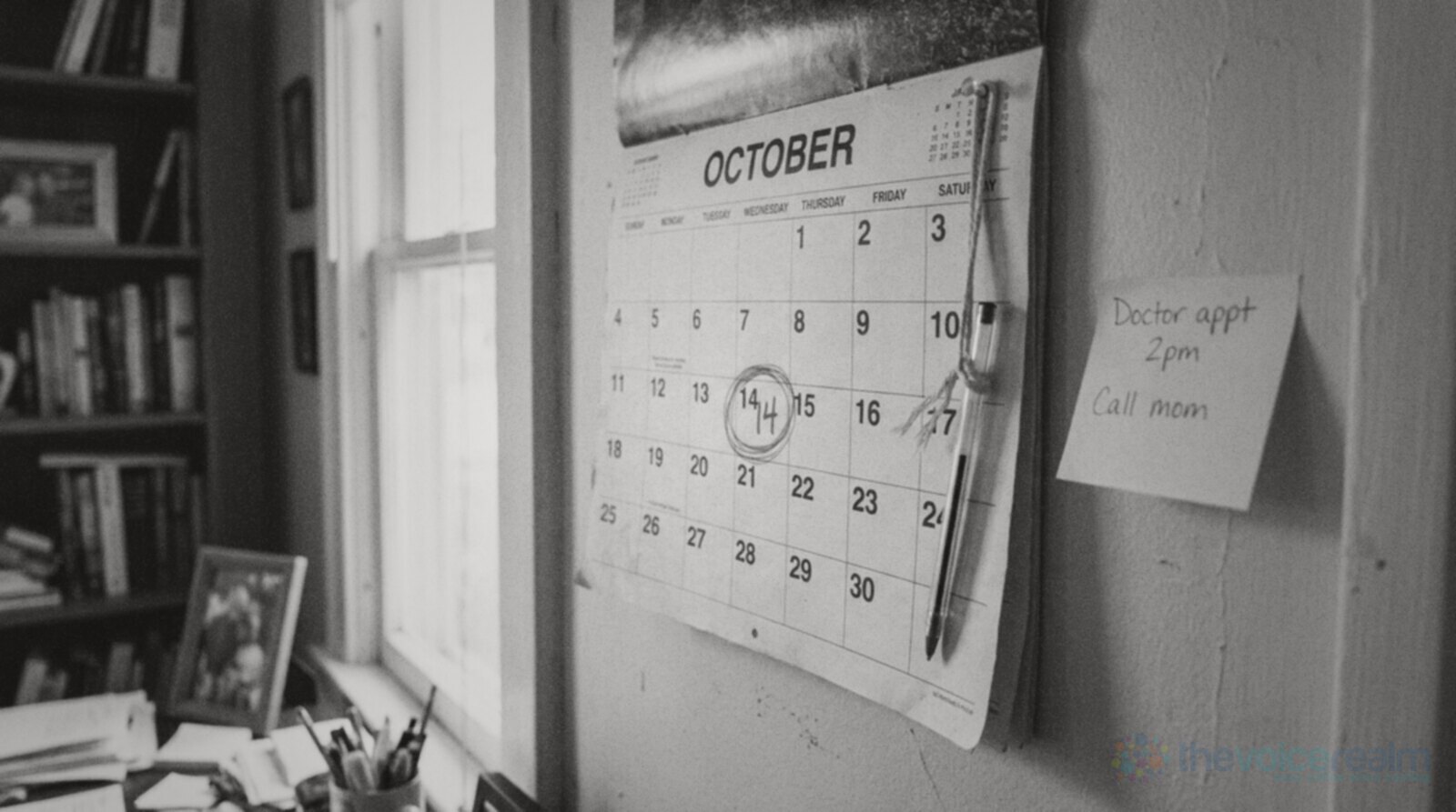 Black and white photo of a paper wall calendar showing October with the 14th circled in pen, a pen hanging on a string and a sticky note beside it © The Voice Realm