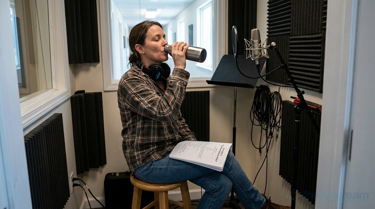 A woman with headphones around her neck sitting on a stool in a recording booth, drinking from a steel water bottle with her eyes closed, a script resting on her knee © The Voice Realm