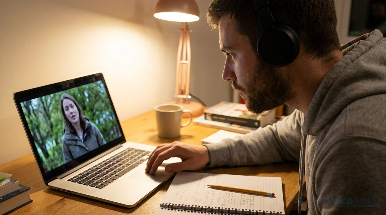 A man in headphones leaning toward a laptop showing a paused interview with a woman outdoors, a notebook and pencil beside him under a desk lamp © The Voice Realm