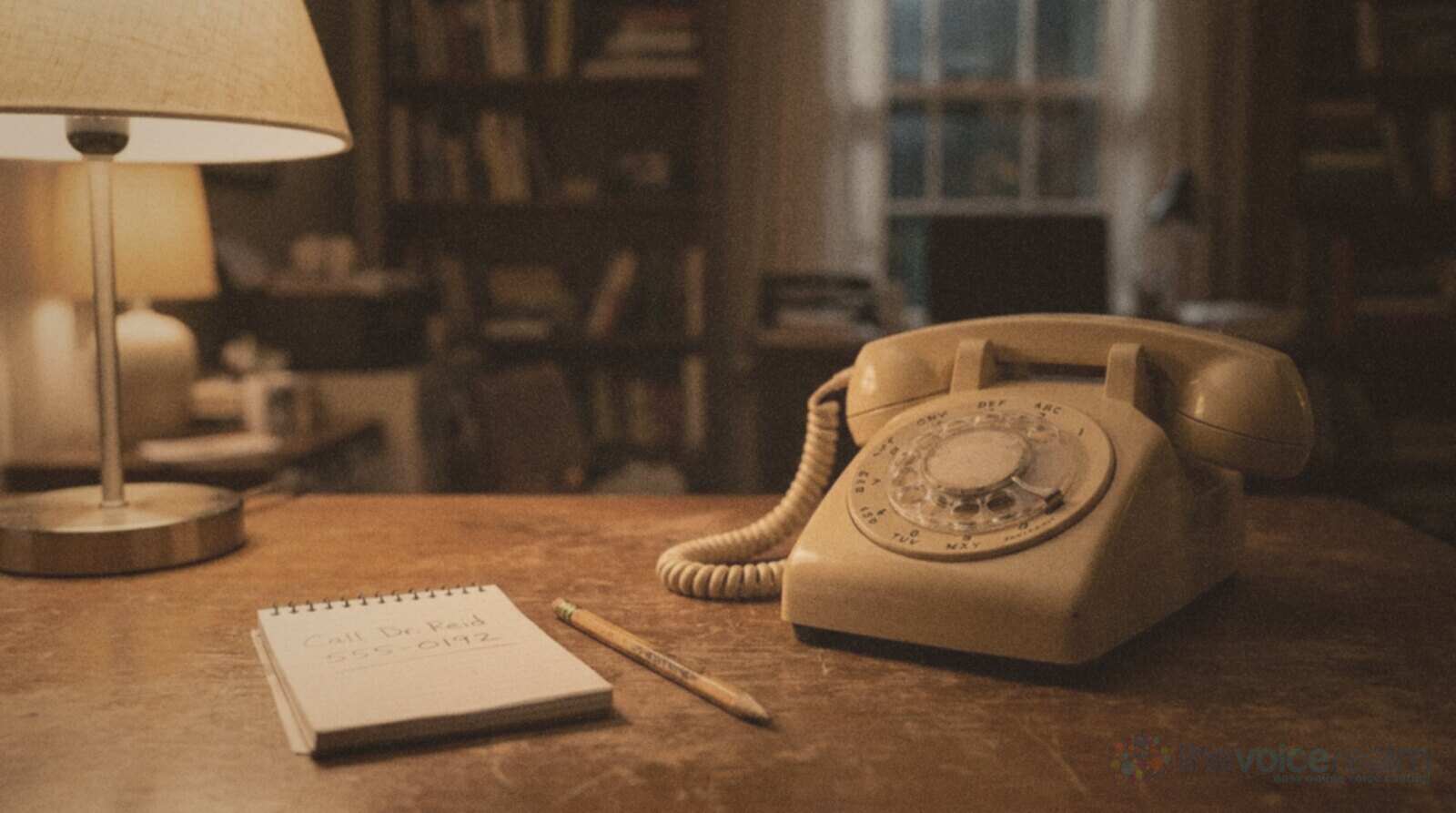 An old cream rotary telephone on a wooden desk beside a notepad with a handwritten phone number and a pencil in lamp light © The Voice Realm