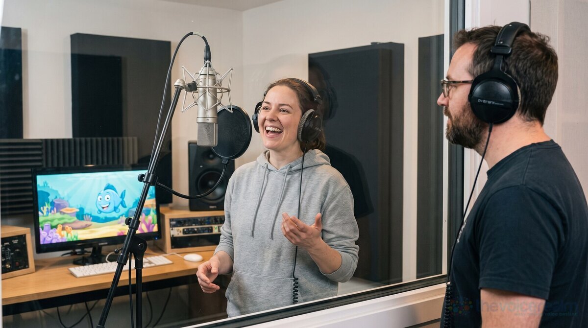 A woman in a hoodie laughing and gesturing at a studio microphone, a colourful cartoon fish on the monitor beside her, a man in headphones watching from the other side of the glass © The Voice Realm
