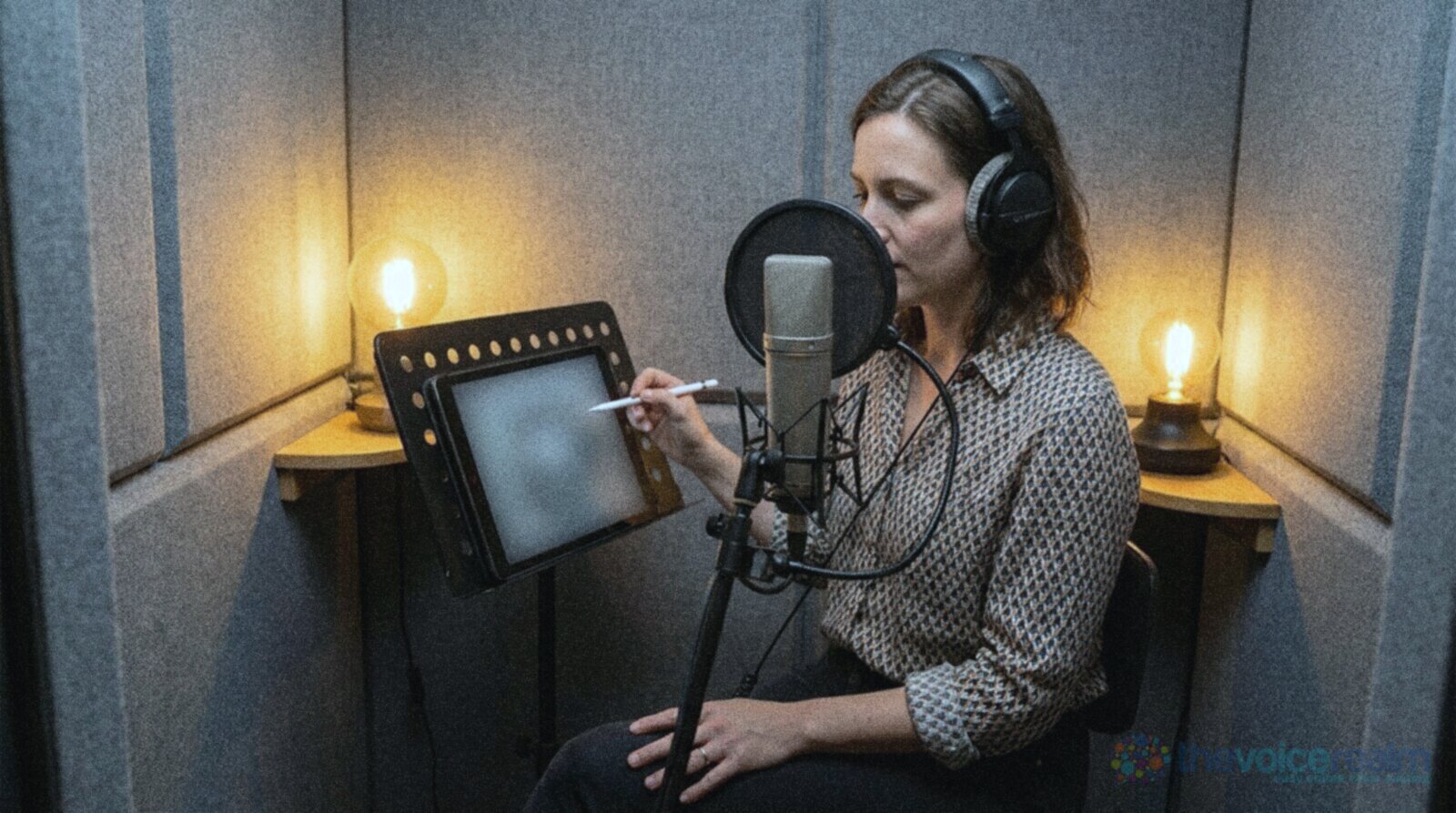 A narrator in headphones in a grey fabric-lined booth, marking a tablet on a music stand with a stylus, a studio microphone with a pop filter in front of her © The Voice Realm