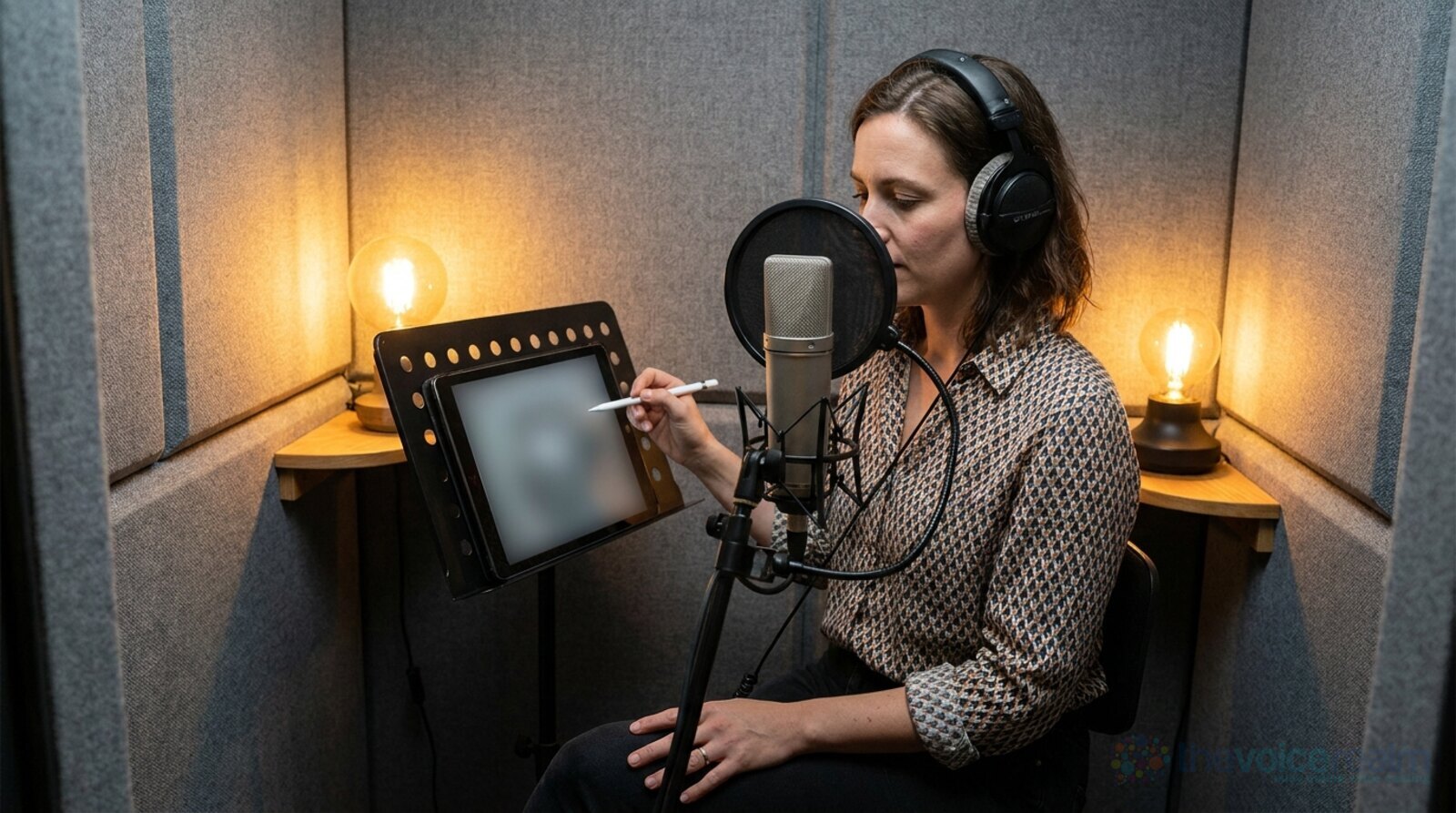 A narrator in headphones in a grey fabric-lined booth, marking a tablet on a music stand with a stylus, a studio microphone with a pop filter in front of her © The Voice Realm
