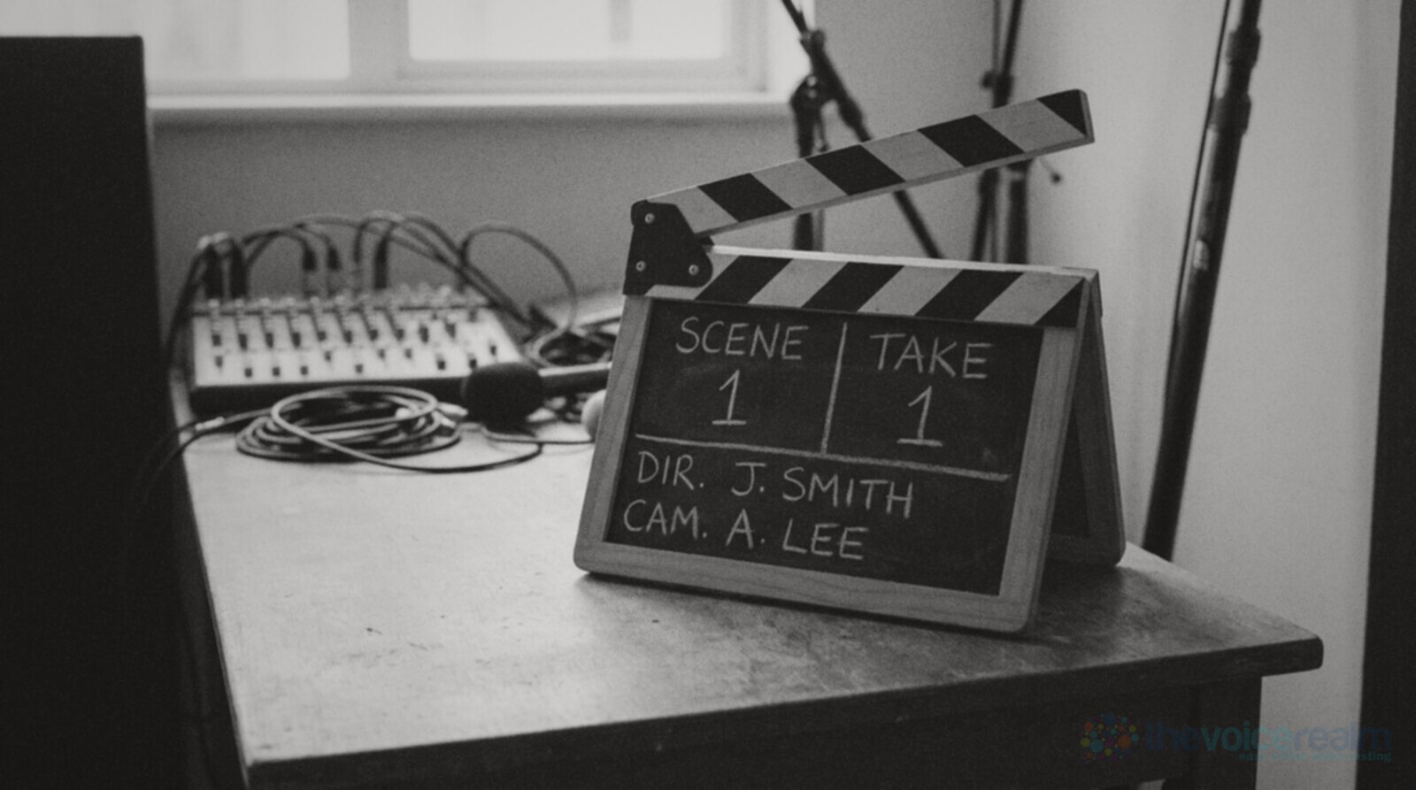Black and white photo of a small wooden clapperboard reading Scene 1 Take 1 standing open on a worn table in a studio corner with a mixer and cables behind it © The Voice Realm