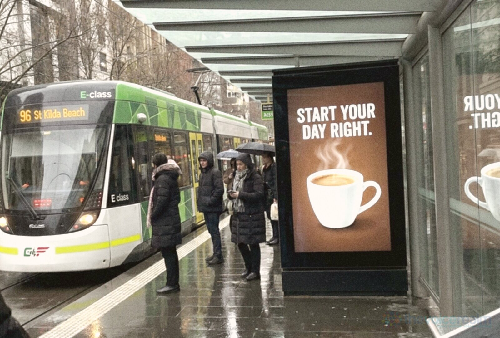 A digital advertising screen at a Melbourne tram stop on a wet winter morning, the kind of out of home placement the MEAA card bills separately © The Voice Realm