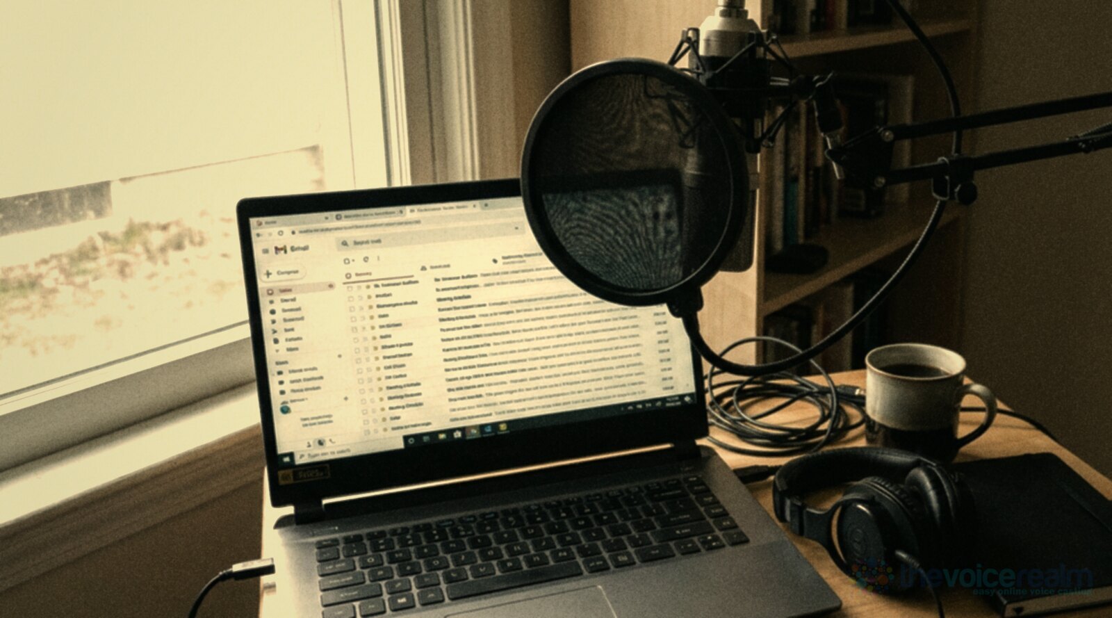 A home voice-over corner in the morning: a laptop showing an email inbox, a microphone with a pop filter on a boom arm, headphones and a mug of tea on the desk © The Voice Realm