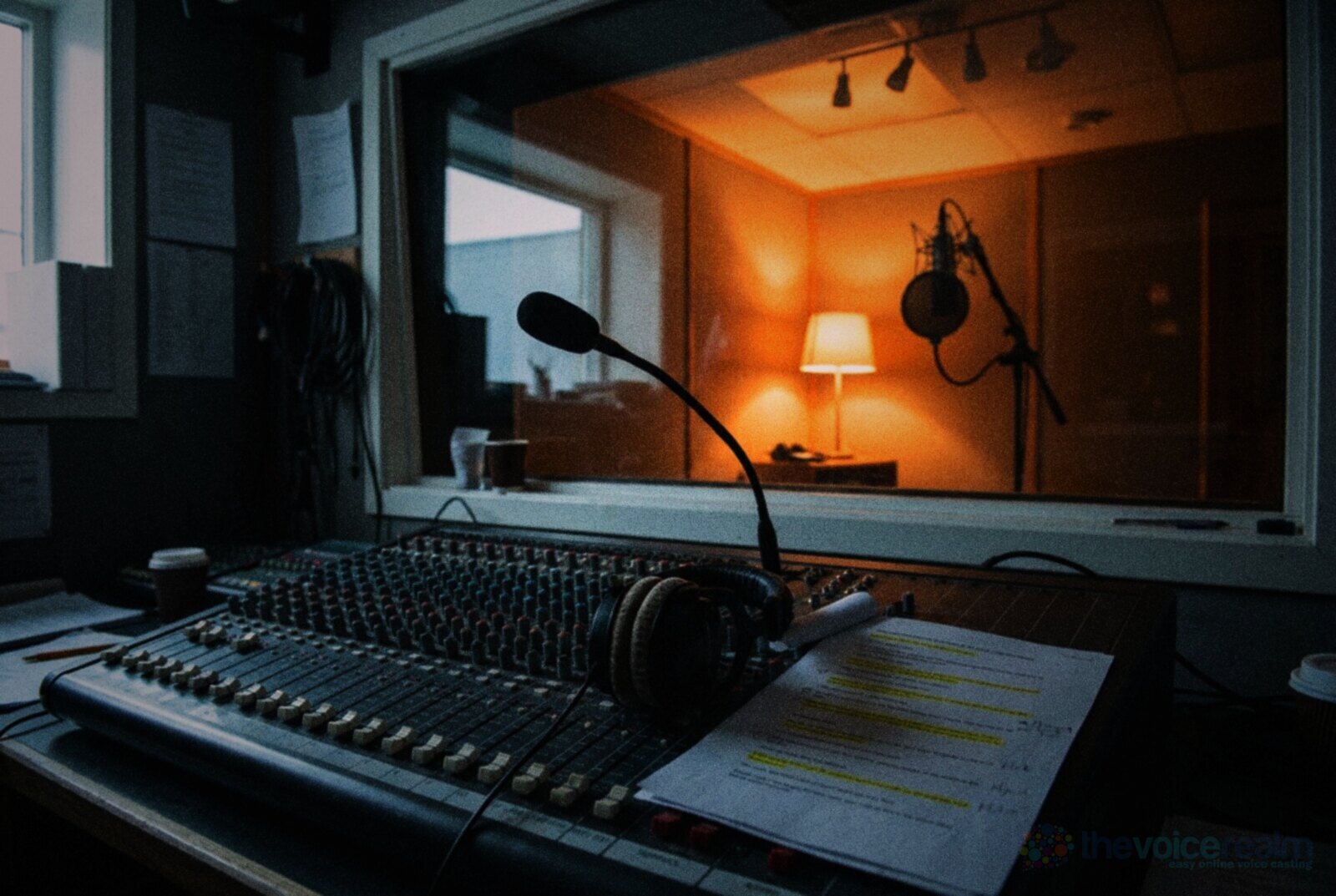 A recording studio control room with a talkback microphone, headphones and a highlighted script on the mixing desk, looking through the glass into a lit voice over booth © The Voice Realm