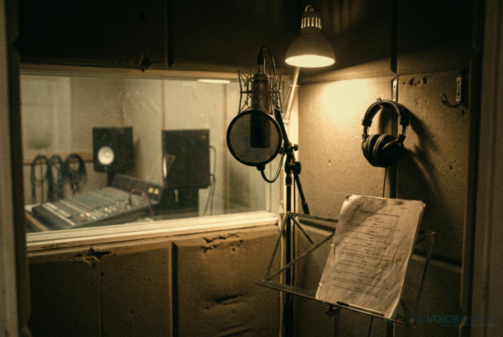 An empty voice over booth lit by a warm lamp: a condenser microphone with a pop filter, headphones on a hook and a marked up script on a music stand, with the control room desk visible through the window © The Voice Realm