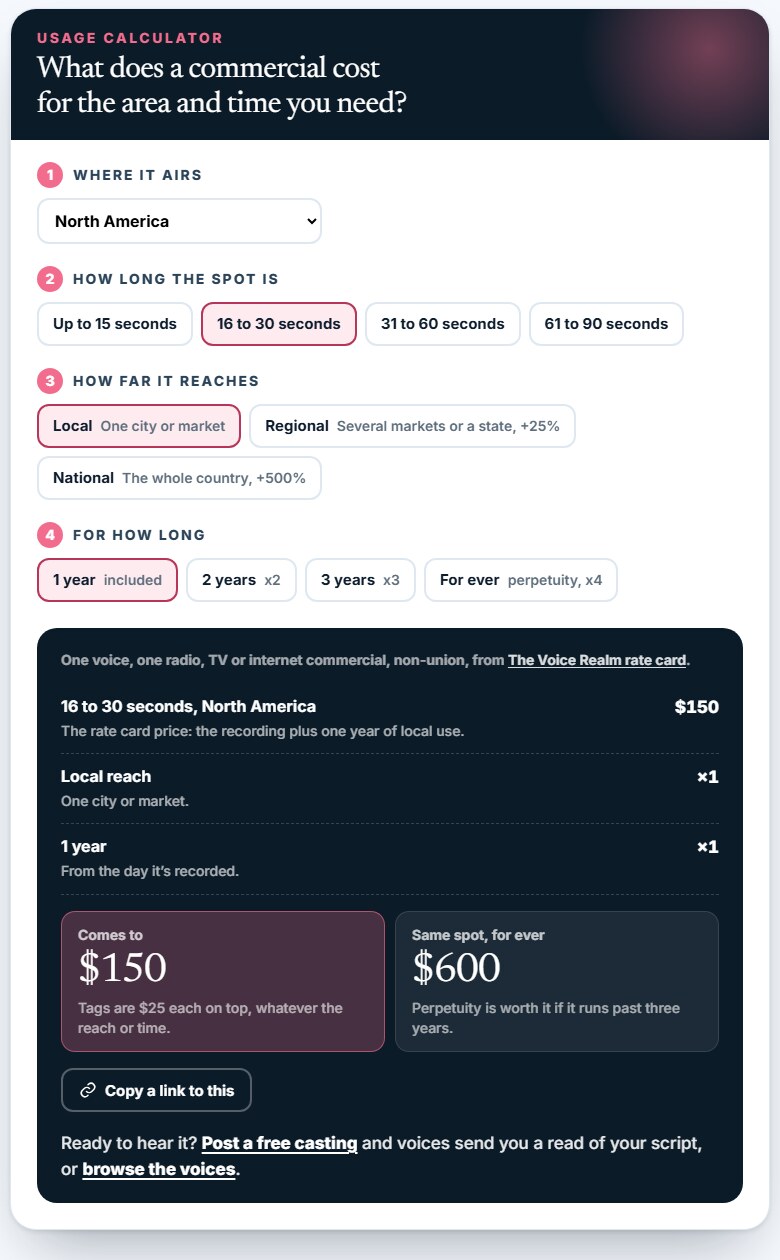 The Voice Realm usage calculator: pick where a commercial airs, how long the spot is, how far it reaches and for how long, with the price from the rate card © The Voice Realm