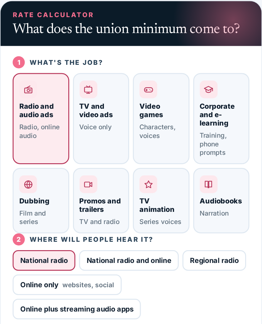 Screenshot of The Voice Realm's SAG-AFTRA rate calculator: eight job types to pick from, radio and audio ads selected, then where the ad will be heard. © The Voice Realm