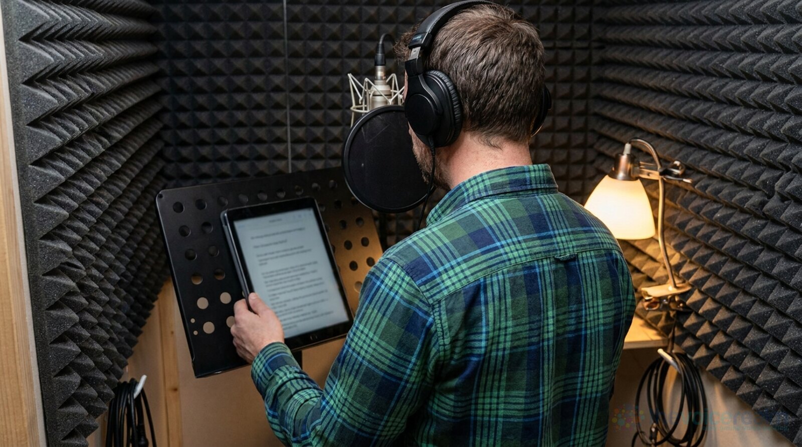 A voice actor in a plaid shirt and headphones in a foam lined home booth, reading new copy from a tablet on a music stand in front of the microphone © The Voice Realm