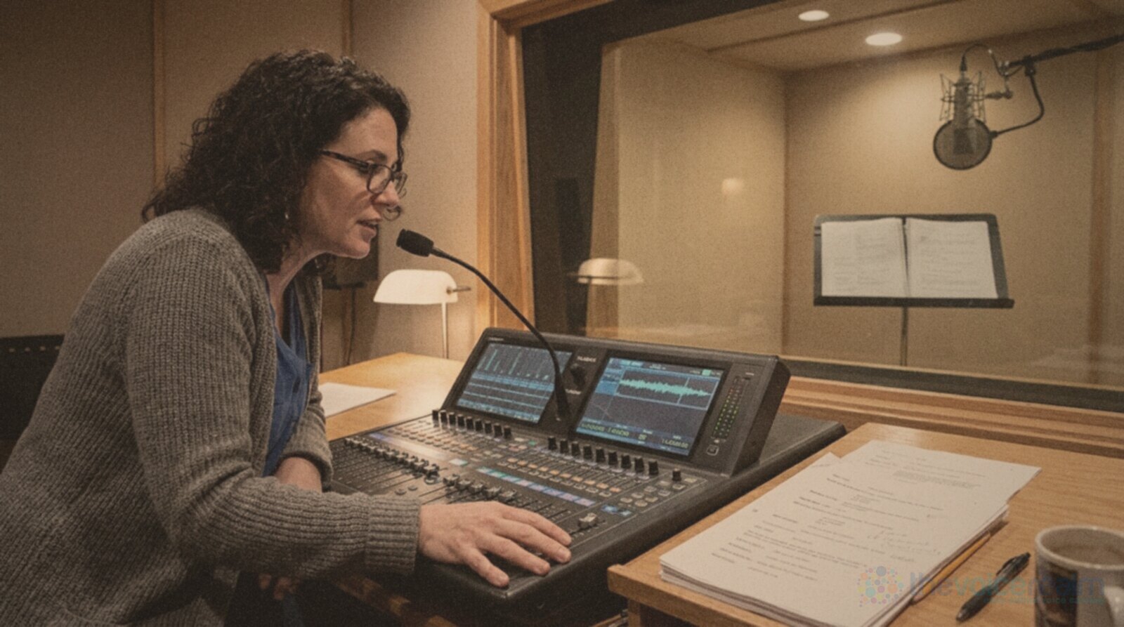 A director with glasses at a mixing console talking into a talkback microphone, a marked script on the desk and an empty recording booth with a music stand through the glass © The Voice Realm