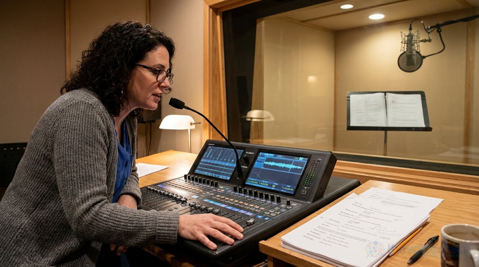 A director with glasses at a mixing console talking into a talkback microphone, a marked script on the desk and an empty recording booth with a music stand through the glass © The Voice Realm