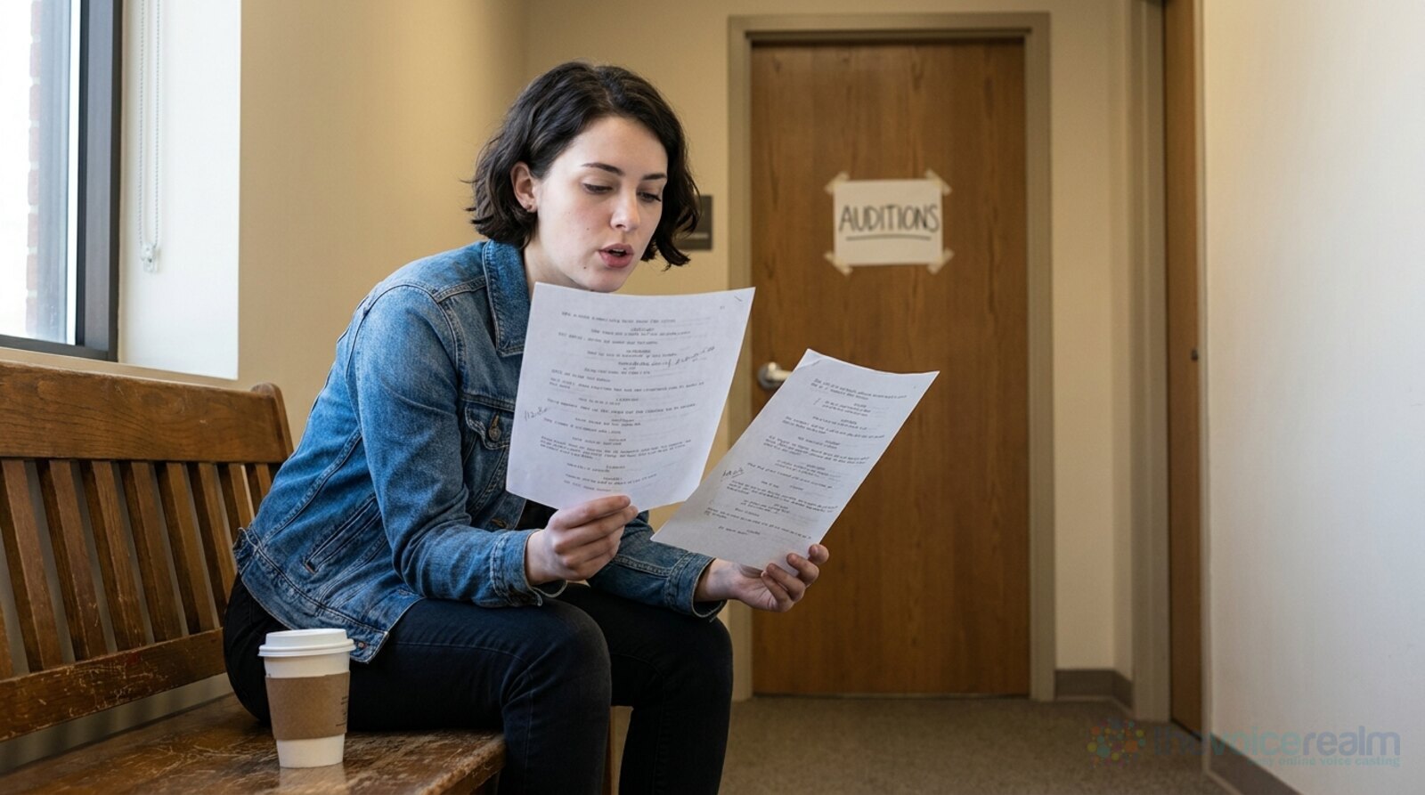 A young voice actor in a denim jacket sitting on a wooden bench in a corridor reading a script aloud for the first time, a coffee cup beside her and a door marked Auditions behind © The Voice Realm