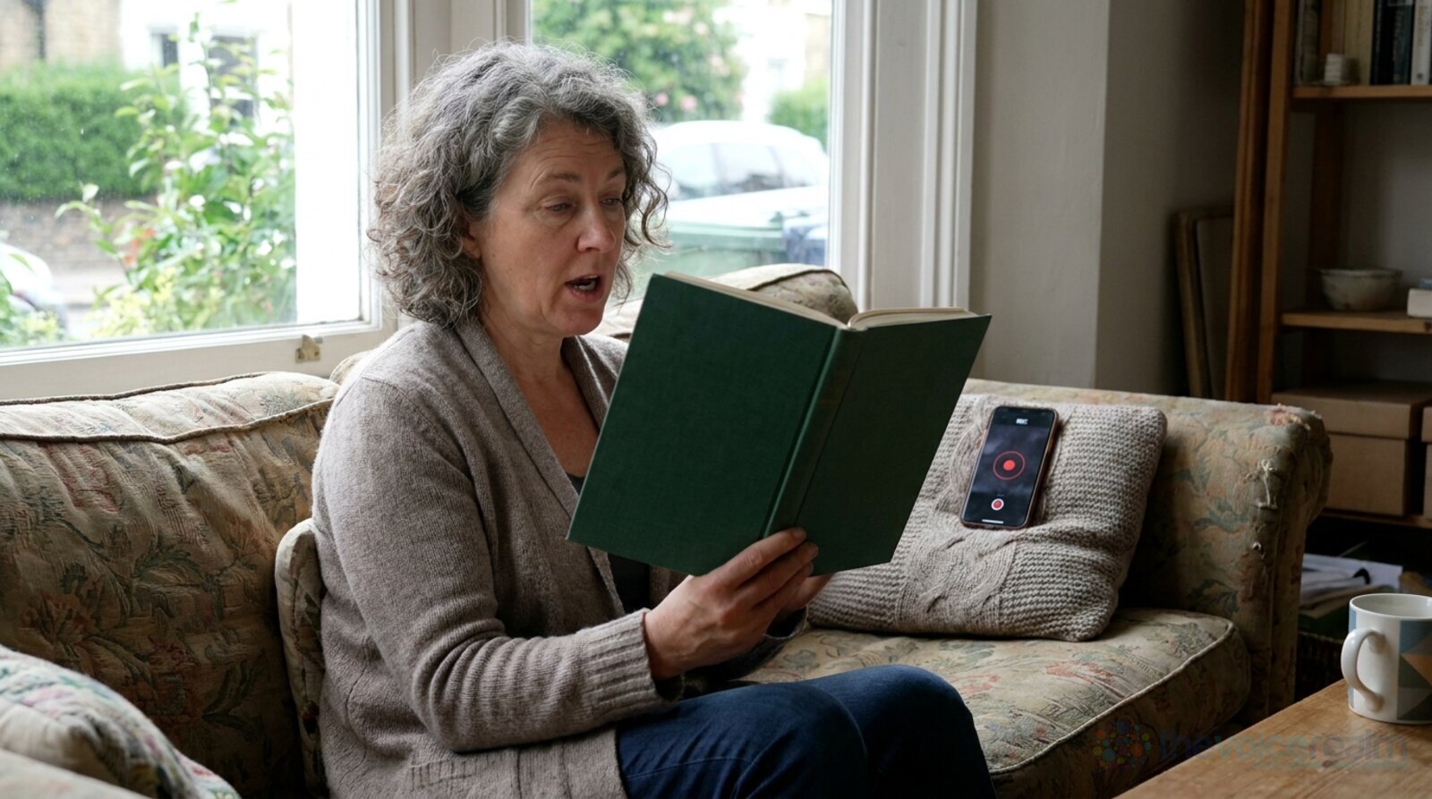 A grey haired woman on a sofa by a window reading a hardback book aloud as practice, her phone recording on a cushion beside her © The Voice Realm