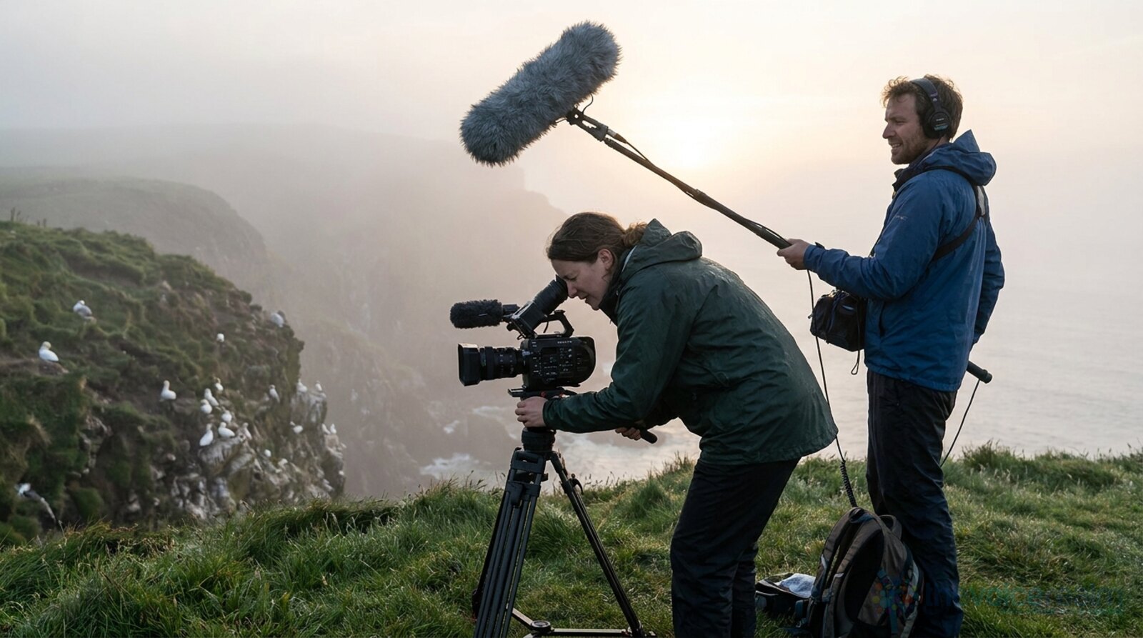 A documentary camera operator filming seabirds from a misty clifftop at dawn, a sound recordist beside her holding a boom pole with a furry windshield © The Voice Realm