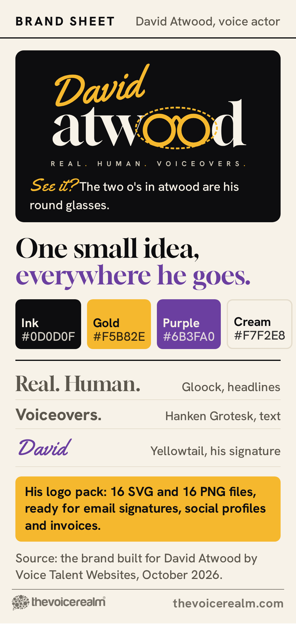 Brand sheet for David Atwood: his logo with the two o's in atwood drawn as his round glasses, his four brand colors ink, gold, purple and cream, his three typefaces, and his logo pack of 16 SVG and 16 PNG files © The Voice Realm