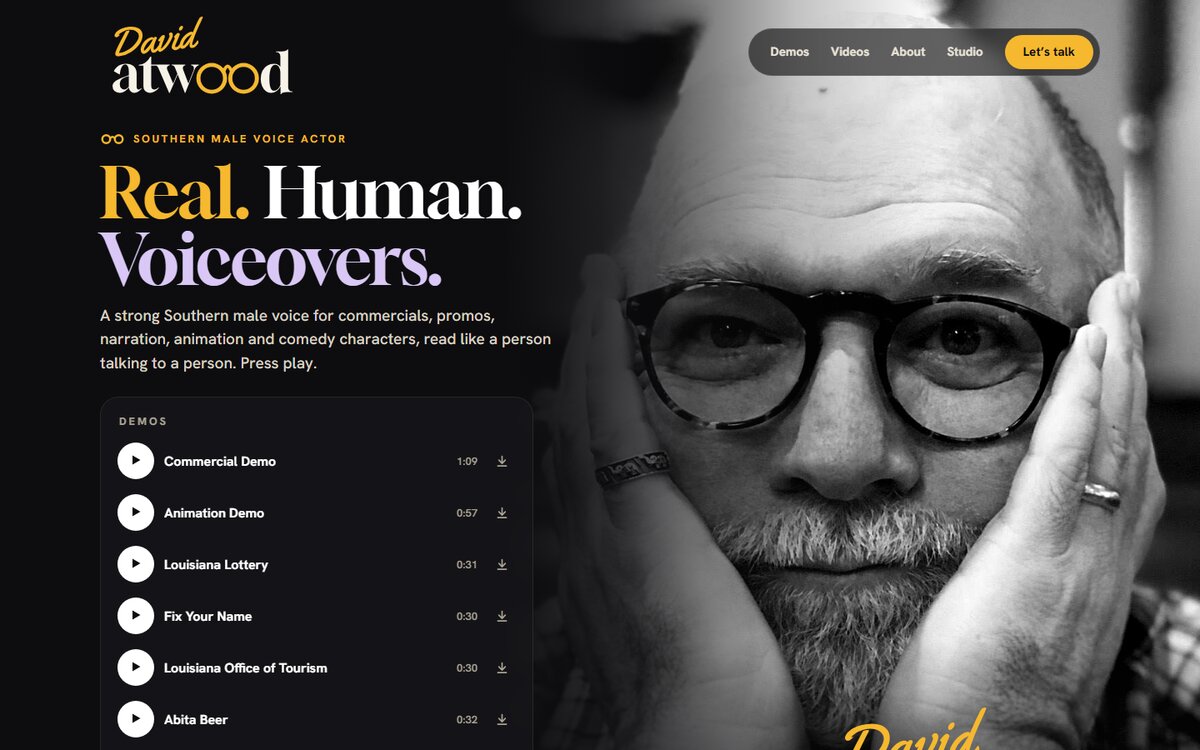 The top of David Atwood's new homepage: his logo, the line Real. Human. Voiceovers., and his demos ready to play beside his photo. Website by Voice Talent Websites