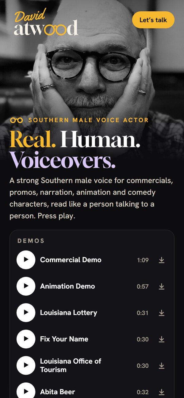 David Atwood's website on a phone: his photo, logo, the headline Real. Human. Voiceovers. and a list of demos with play buttons. Website by Voice Talent Websites