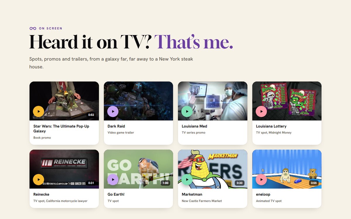The On Screen section of David Atwood's website: a grid of eight TV spots, promos and trailers he has voiced, each with a play button. Website by Voice Talent Websites