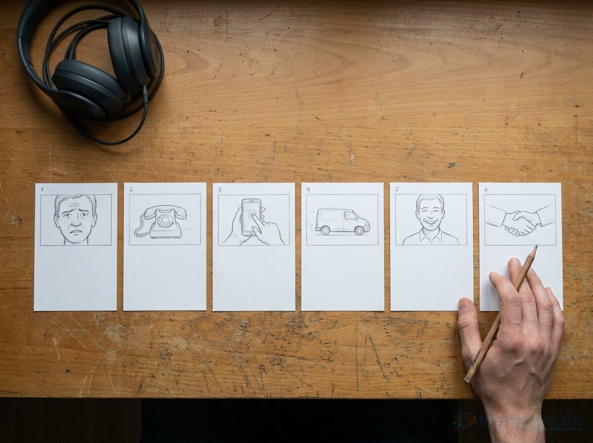 Six pencil storyboard cards in a row on a wooden desk, a worried face, a telephone, a finger tapping a phone, a delivery van, a smiling face and a handshake, with a hand holding a pencil © The Voice Realm