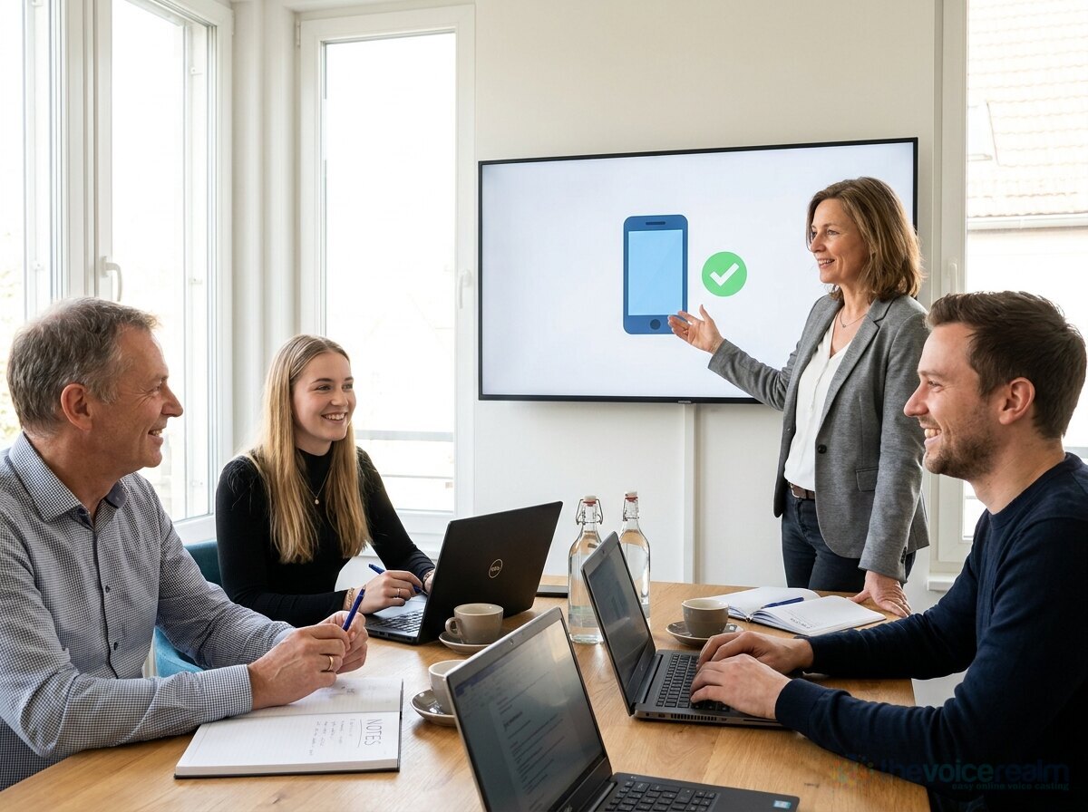 A small product team in a bright meeting room smiling as a colleague points to a simple animation of a phone and a green tick on a wall screen © The Voice Realm