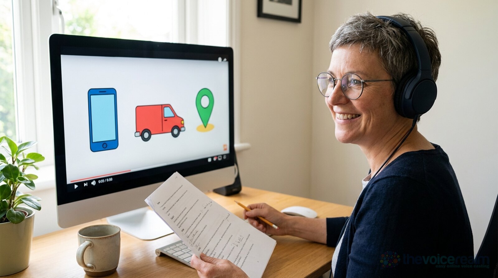 A smiling voice actor with short grey hair and glasses wearing headphones at a home desk, watching a simple animated explainer of a phone, a delivery van and a map pin, holding a marked-up script and a pencil © The Voice Realm