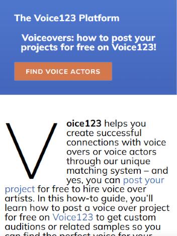 Screenshot of Voice123's client blog guide "Voiceovers: how to post your projects for free on Voice123!". Image: Voice123