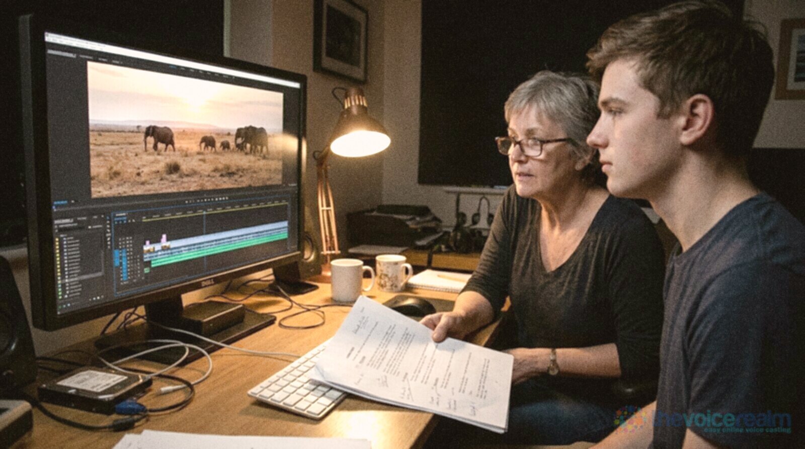 A narrator with short grey hair and reading glasses holding a marked-up script beside a young film editor in a dim edit suite, both watching elephants cross a dry savanna at sunset on a large monitor with an editing timeline below © The Voice Realm