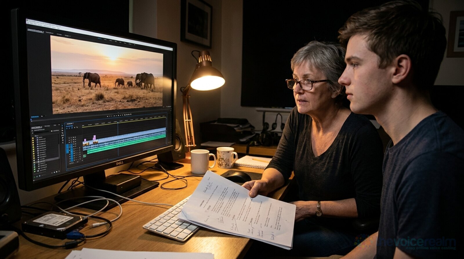 A narrator with short grey hair and reading glasses holding a marked-up script beside a young film editor in a dim edit suite, both watching elephants cross a dry savanna at sunset on a large monitor with an editing timeline below © The Voice Realm