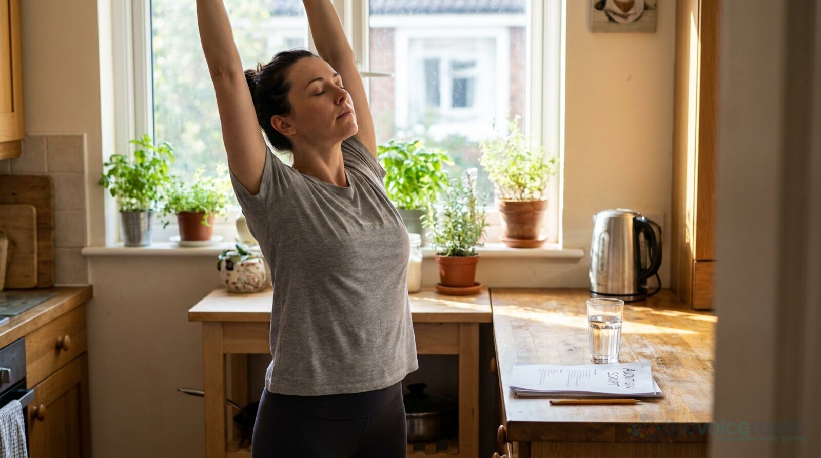 A woman in a grey t-shirt stretching both arms above her head with her eyes closed in a sunny kitchen, a glass of water and a printed audition script with a pencil on the wooden counter beside her © The Voice Realm