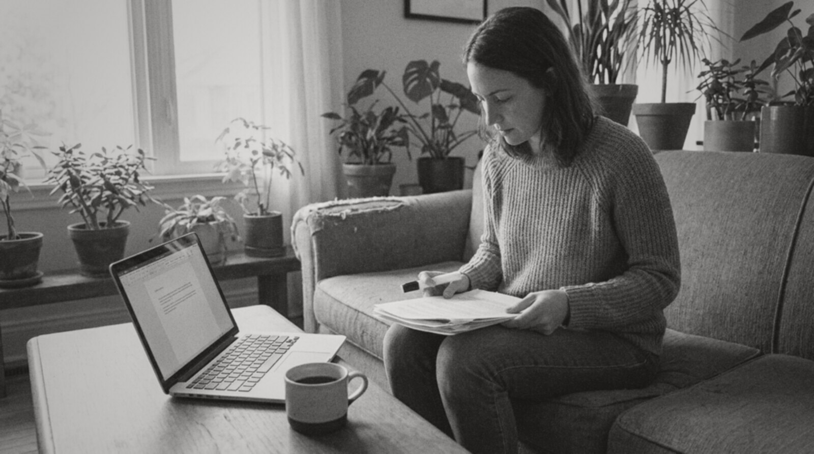 A woman in a brown jumper on a sofa in a plant-filled living room, reading a printed contract with a yellow highlighter in her hand, a laptop and a mug of tea on the coffee table © The Voice Realm