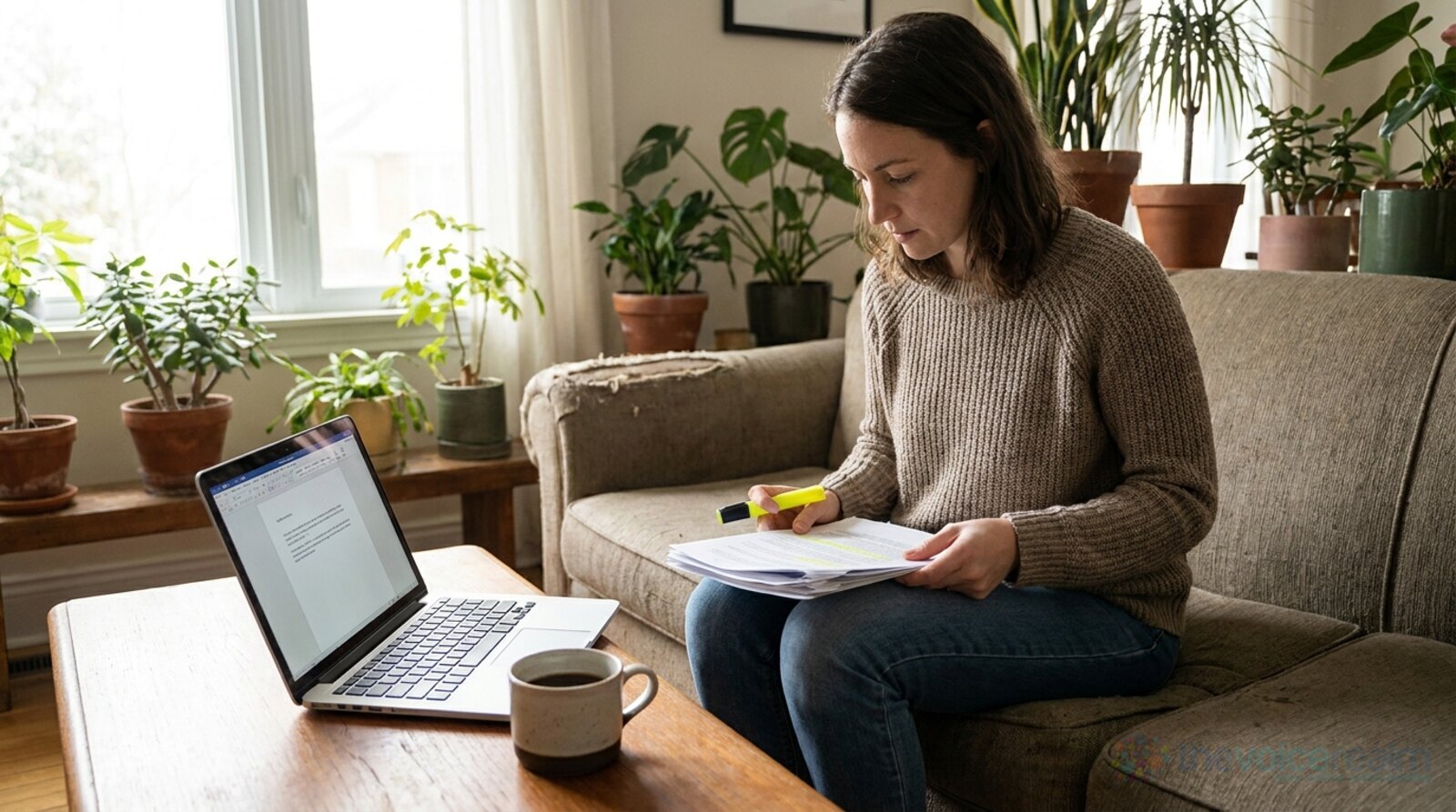 A woman in a brown jumper on a sofa in a plant-filled living room, reading a printed contract with a yellow highlighter in her hand, a laptop and a mug of tea on the coffee table © The Voice Realm