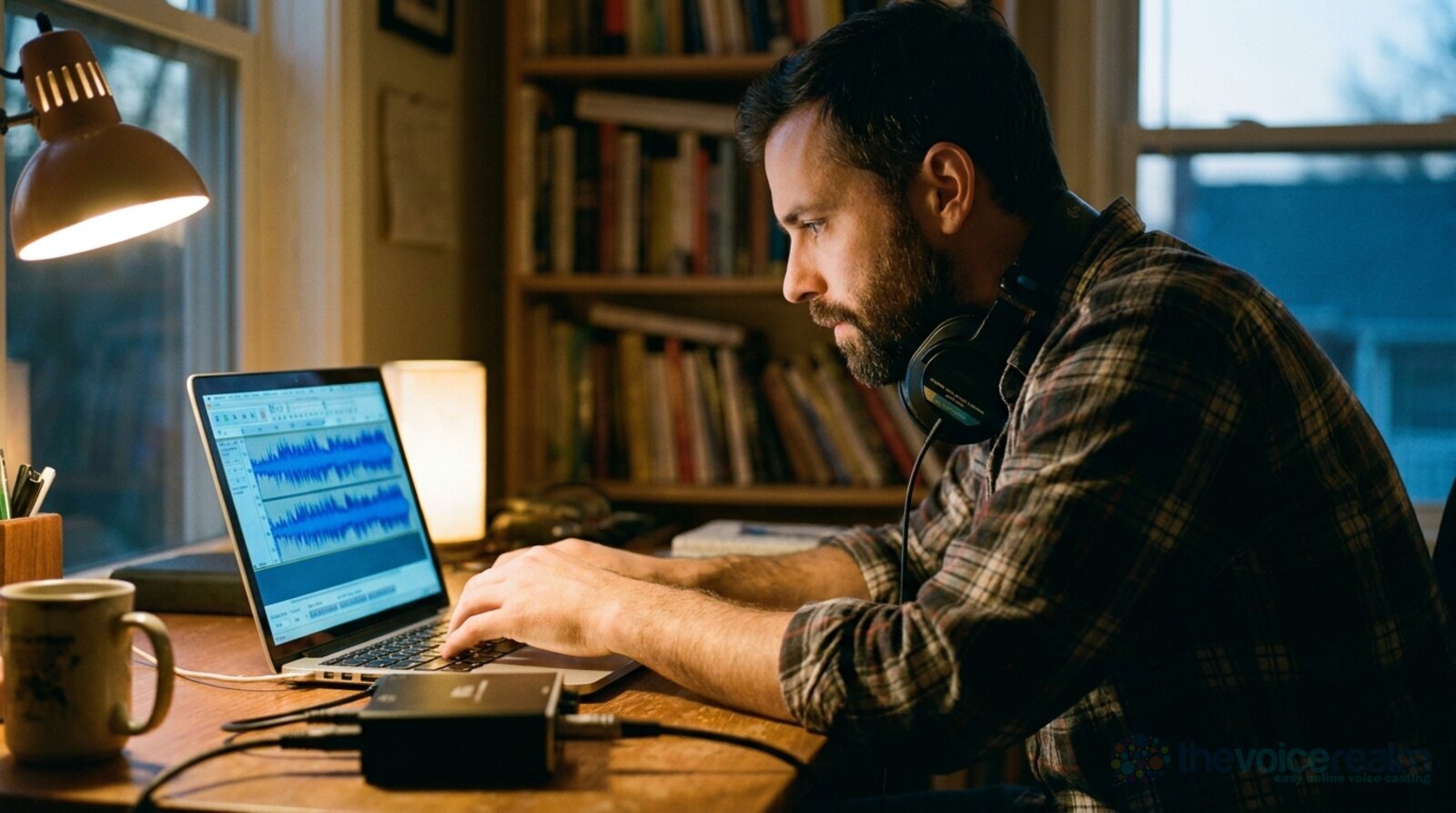 A bearded voice actor at a wooden desk at dusk with headphones around his neck, checking a blue audio waveform on his laptop beside a small audio interface and a mug of coffee © The Voice Realm