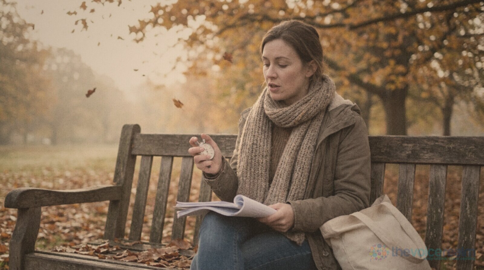 A woman in a wool scarf on a wooden park bench in autumn, reading a printed script aloud with a silver stopwatch in her hand, a canvas tote bag beside her and leaves falling © The Voice Realm