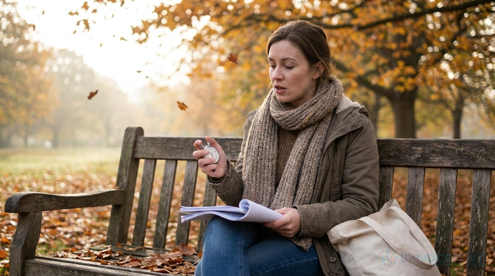 A woman in a wool scarf on a wooden park bench in autumn, reading a printed script aloud with a silver stopwatch in her hand, a canvas tote bag beside her and leaves falling © The Voice Realm