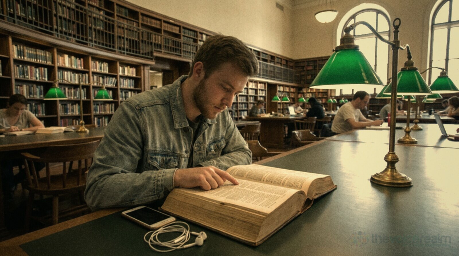 A young man in a denim jacket leaning over a huge open dictionary in a library reading room, a phone and wired earbuds beside it, green reading lamps along the table © The Voice Realm