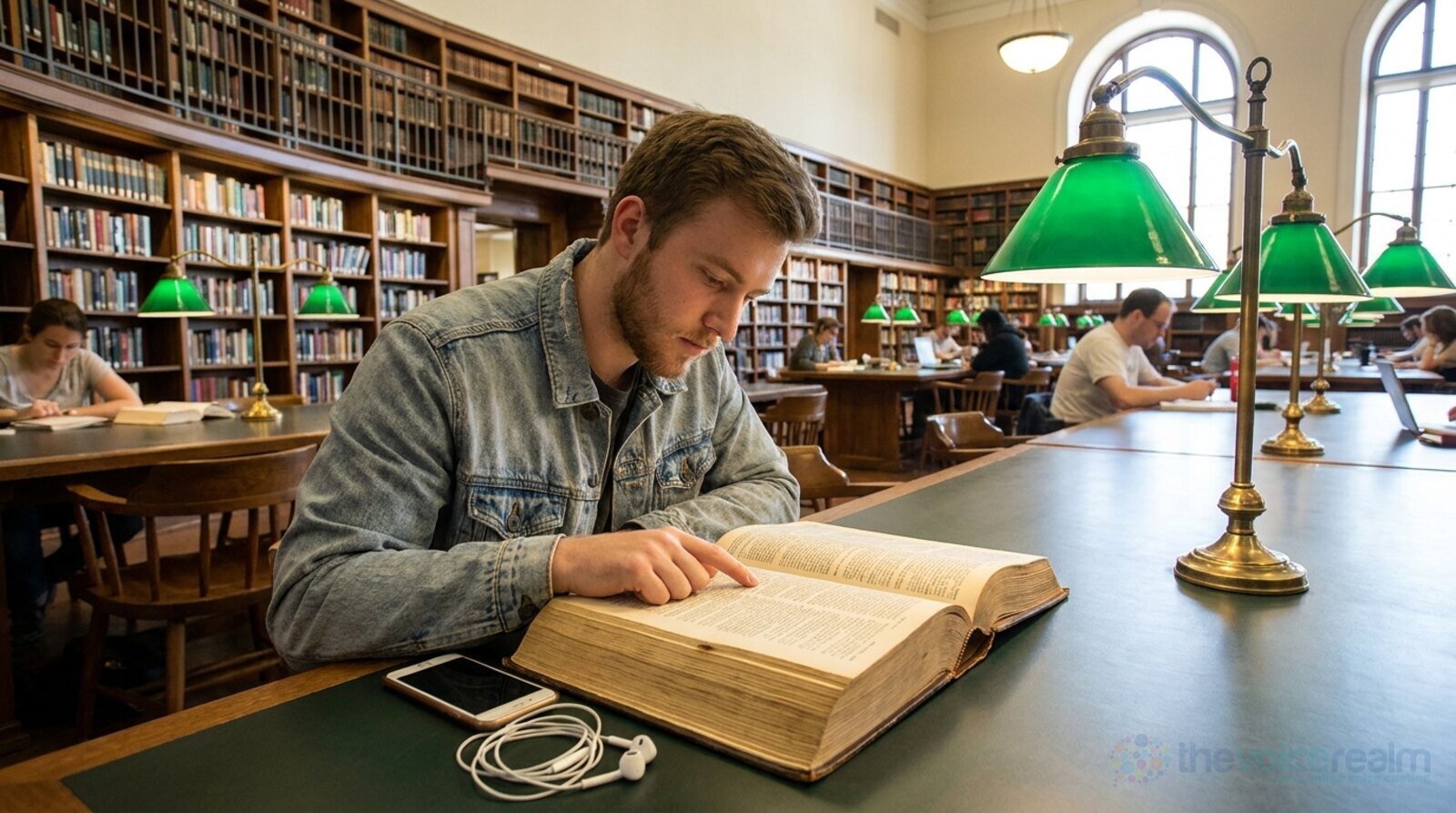 A young man in a denim jacket leaning over a huge open dictionary in a library reading room, a phone and wired earbuds beside it, green reading lamps along the table © The Voice Realm
