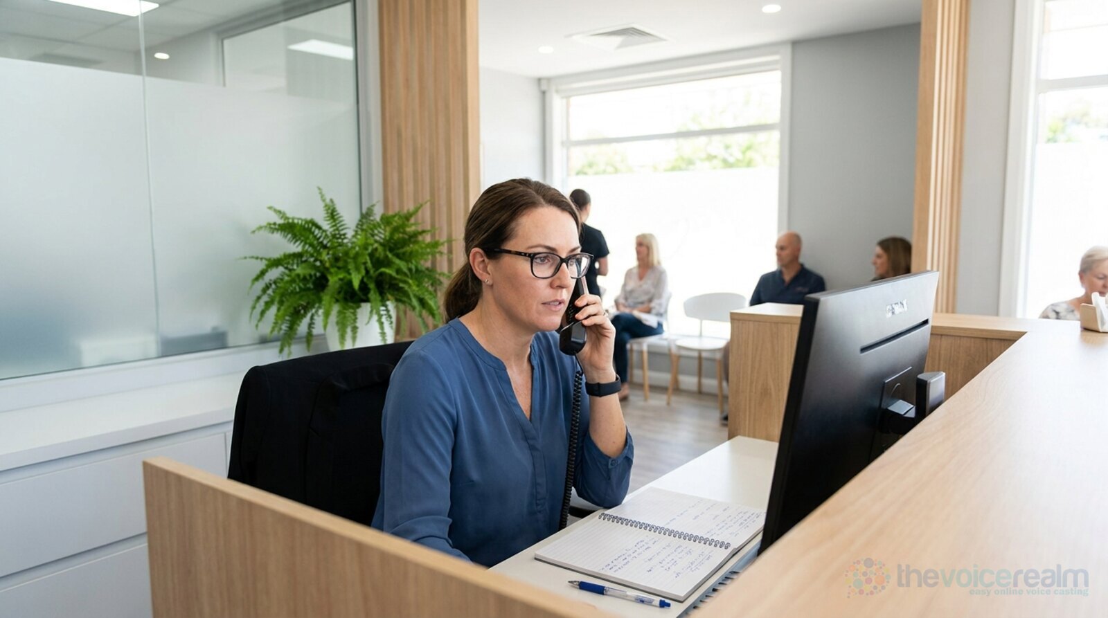 A receptionist with glasses at the front desk of a bright dental clinic, listening on a desk phone with a notepad in front of her while patients wait behind © The Voice Realm