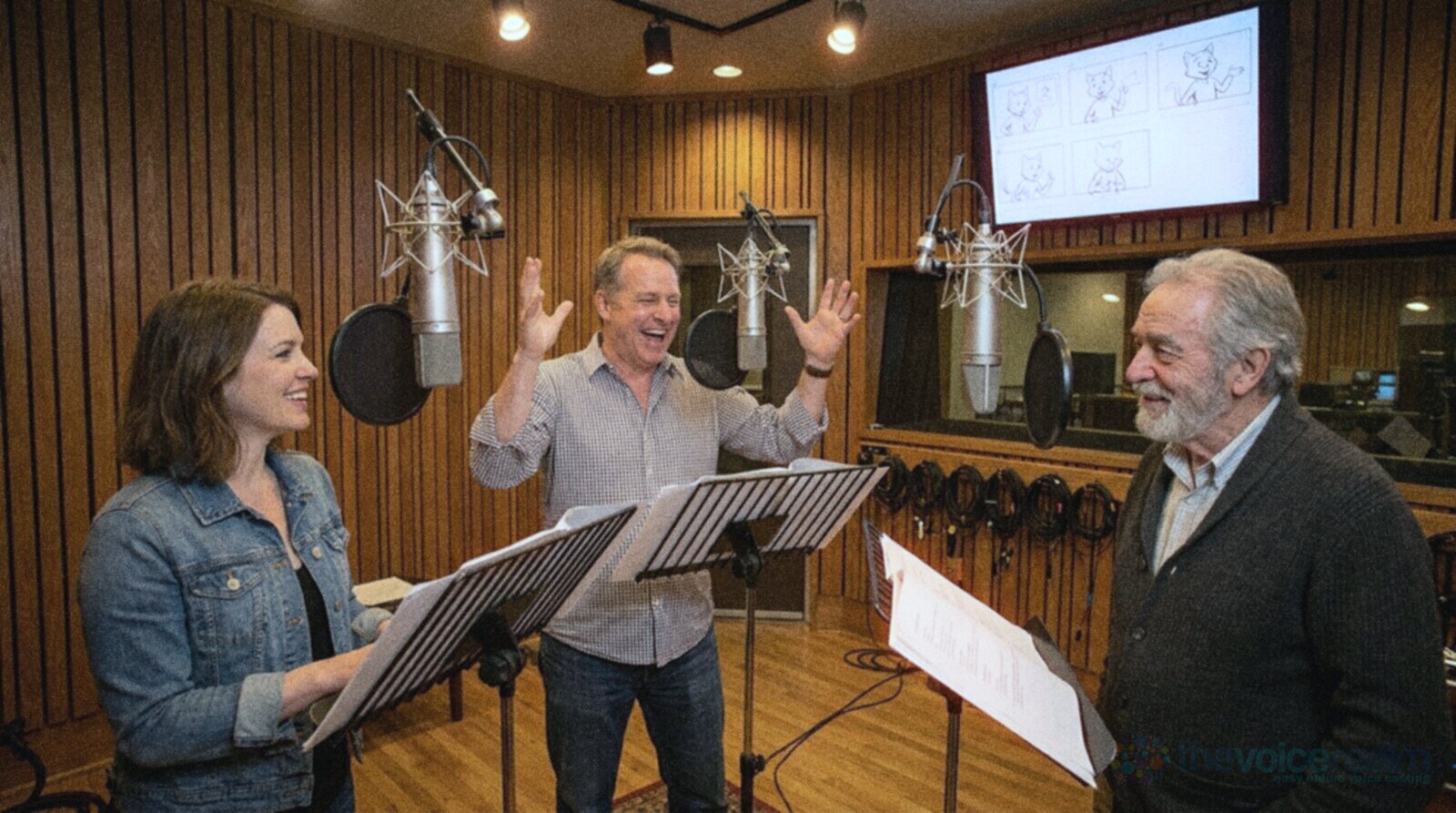 Three voice actors, a woman and two men, laughing together at their own microphones and music stands in a wood-panelled recording studio, pencil storyboard sketches of a cartoon cat on a screen behind them © The Voice Realm