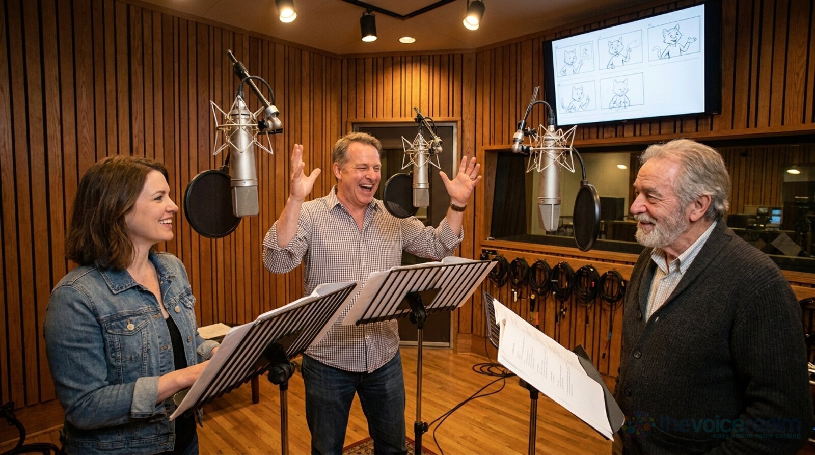 Three voice actors, a woman and two men, laughing together at their own microphones and music stands in a wood-panelled recording studio, pencil storyboard sketches of a cartoon cat on a screen behind them © The Voice Realm