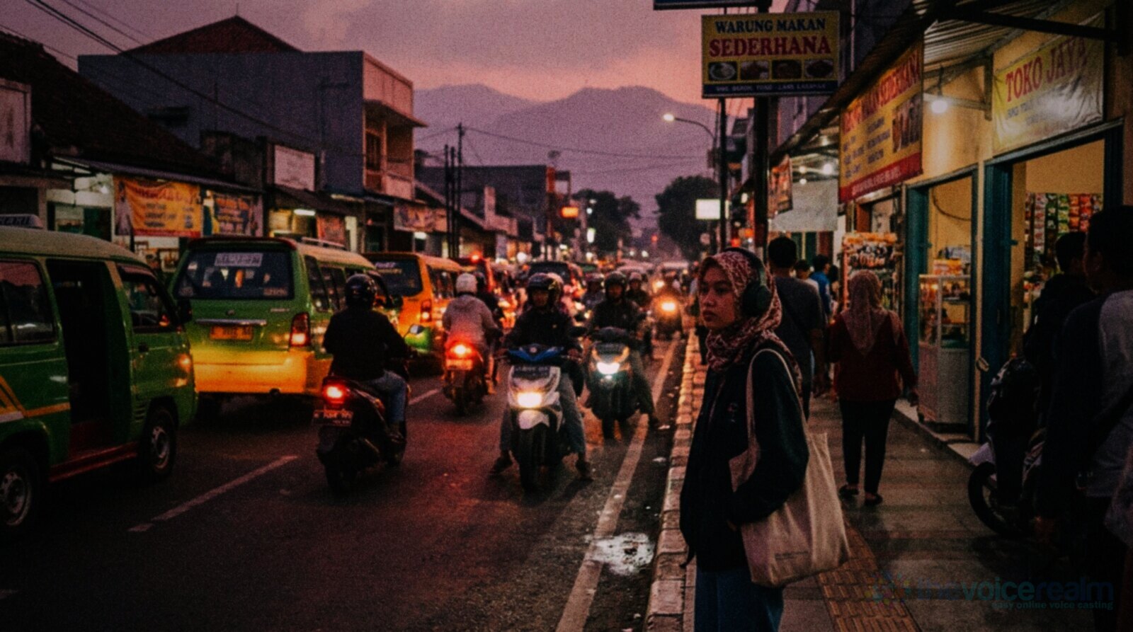 A busy street in Bandung, Indonesia at dusk, green and yellow angkot minibuses and motorbikes in traffic, a young woman in a hijab and headphones waiting at the kerb with a tote bag, shop signs lit and hills in the distance © The Voice Realm