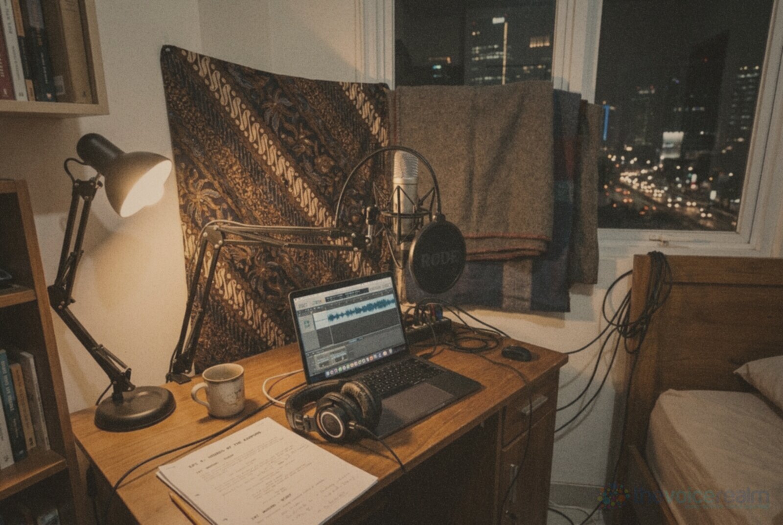 A small home recording corner in a Jakarta apartment at night: a condenser microphone on a desk arm, a laptop showing a waveform, headphones and a script on a wooden desk, a batik cloth and blankets hung on the wall behind to soften the sound, city lights through the window © The Voice Realm
