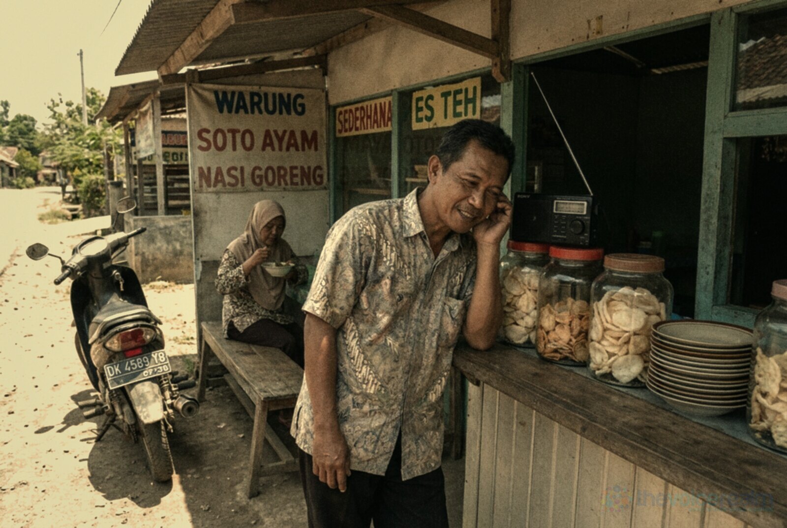 The owner of a roadside warung in Indonesia leaning on the counter beside a small portable radio and jars of crackers, a customer eating at a bench and a motorbike parked outside, signs reading Warung Soto Ayam Nasi Goreng and Es Teh © The Voice Realm
