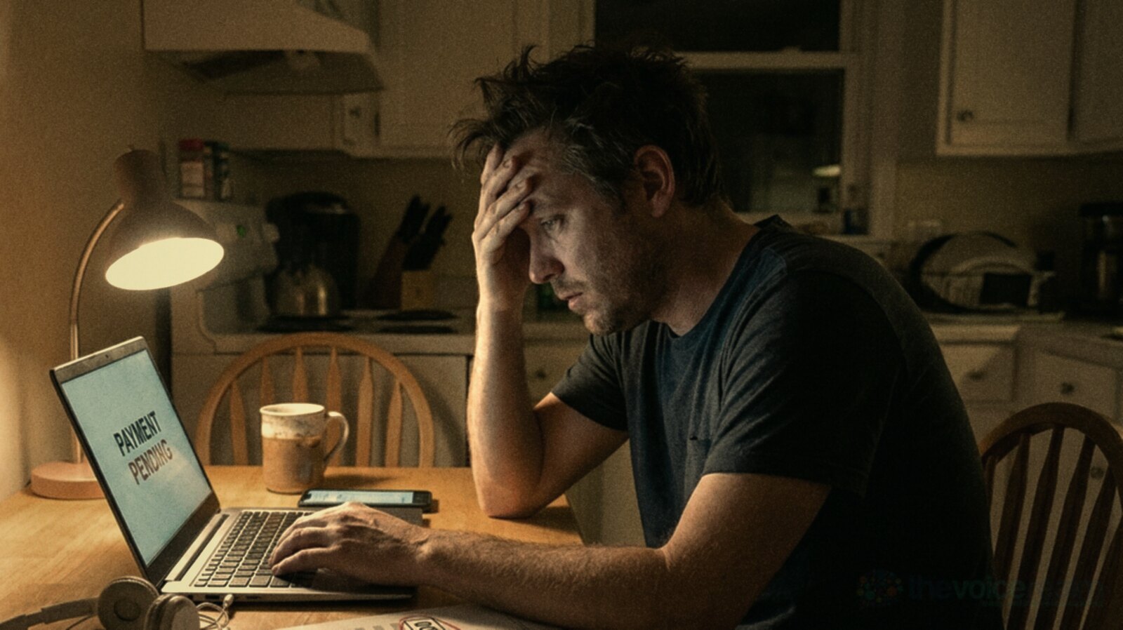 A voice actor at a kitchen table late at night rubs his forehead in front of a laptop showing Payment pending © The Voice Realm