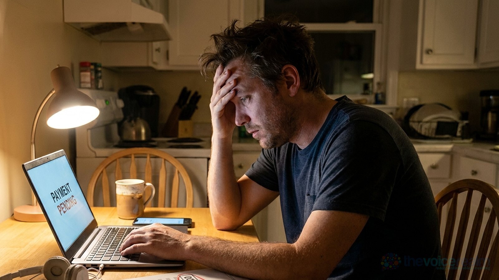 A voice actor at a kitchen table late at night rubs his forehead in front of a laptop showing Payment pending © The Voice Realm