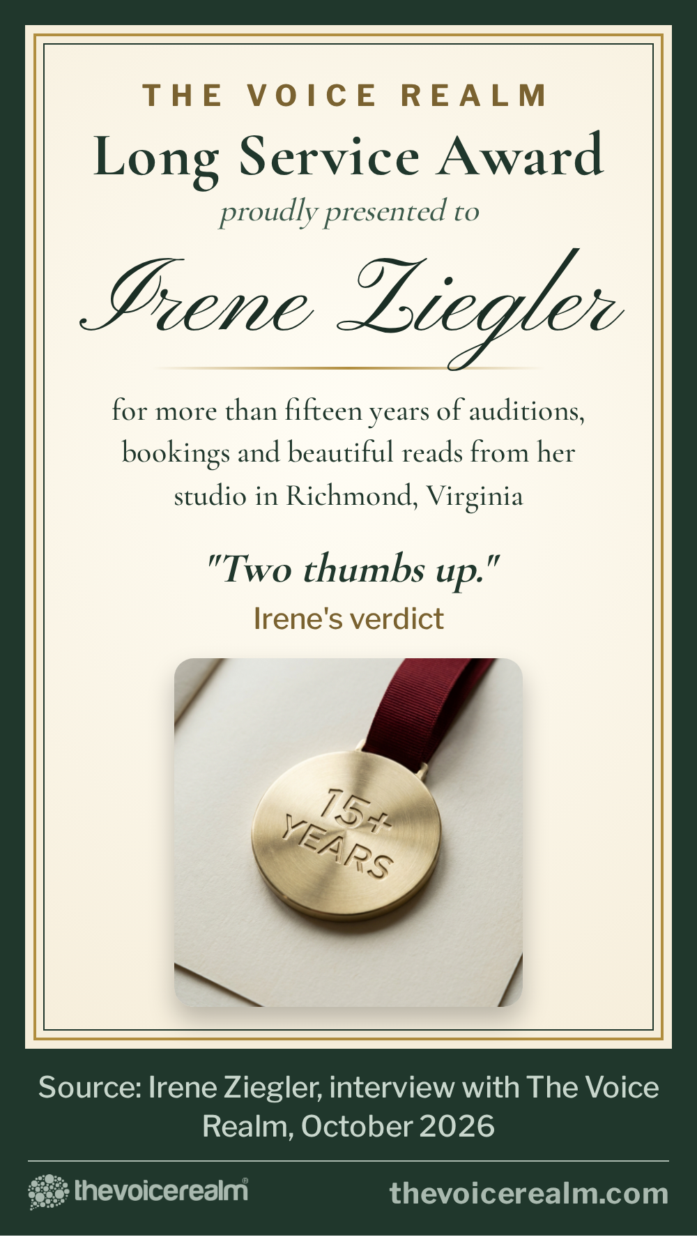A long service award certificate for Irene Ziegler: more than fifteen years with The Voice Realm from her studio in Richmond, Virginia