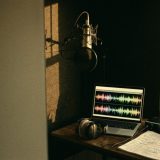 A home voice over studio corner in late afternoon sun: a condenser microphone with a pop filter, headphones and a laptop showing an audio waveform on a wooden desk, with a marked up script and an audio interface © The Voice Realm