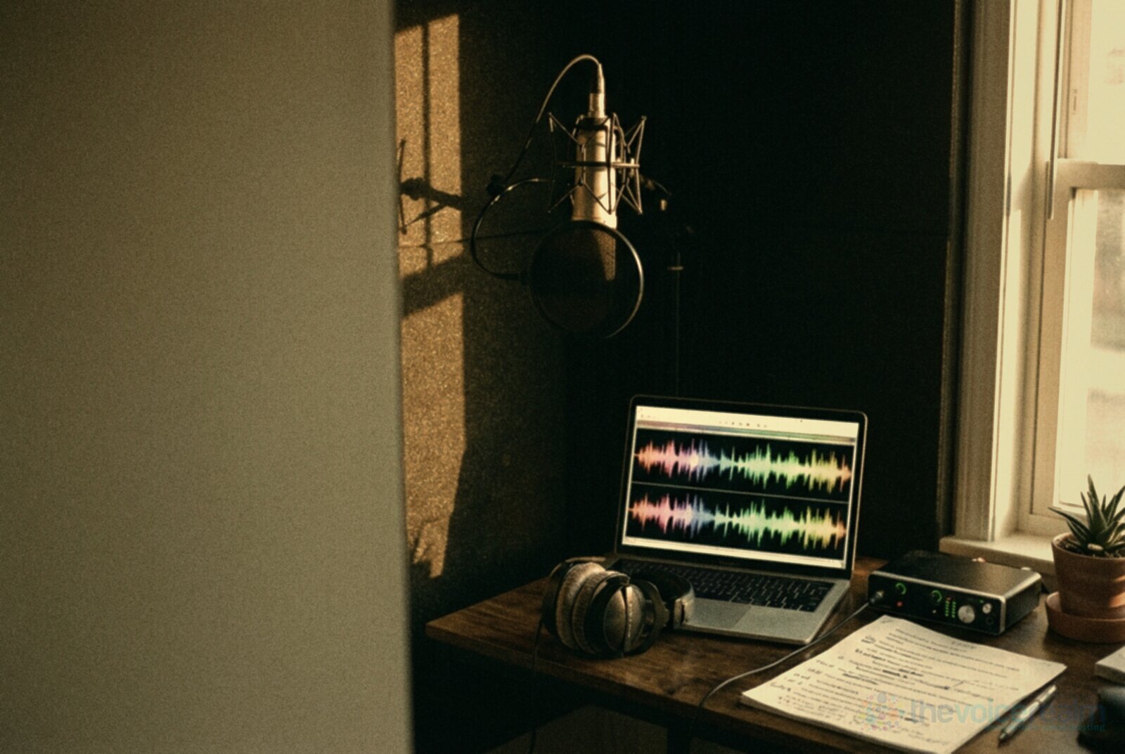 A home voice over studio corner in late afternoon sun: a condenser microphone with a pop filter, headphones and a laptop showing an audio waveform on a wooden desk, with a marked up script and an audio interface © The Voice Realm