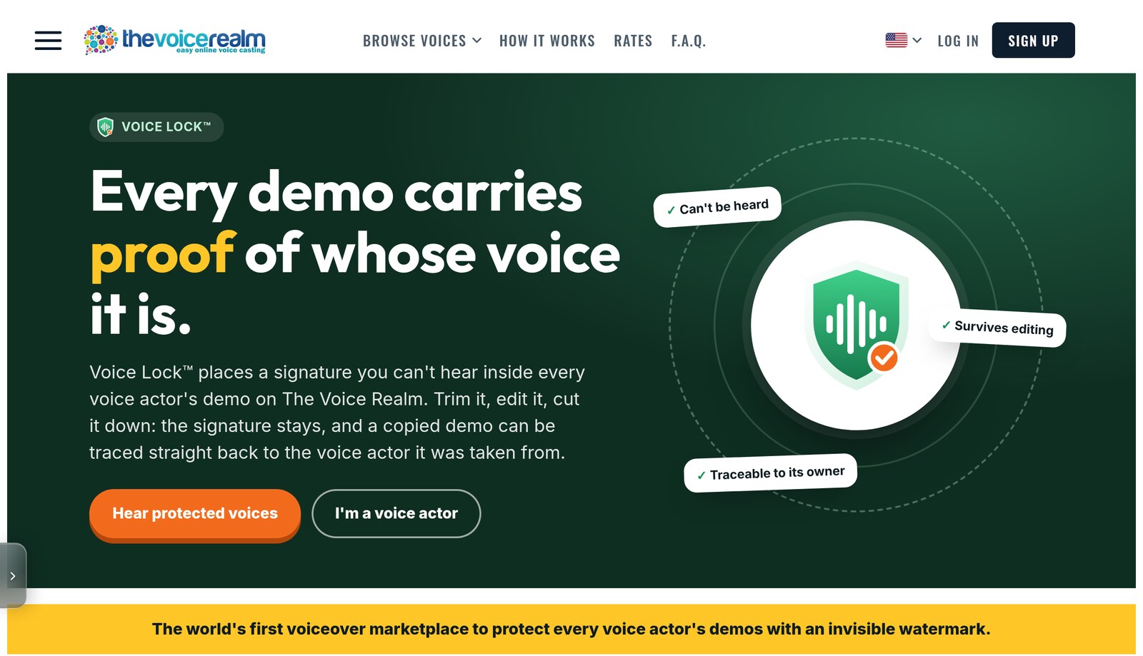 The Voice Lock page on The Voice Realm: every demo carries proof of whose voice it is, with a banner reading the world's first voiceover marketplace to protect every voice actor's demos with an invisible watermark © The Voice Realm